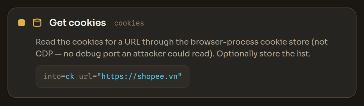 The Get cookies block in the Workflow Editor
