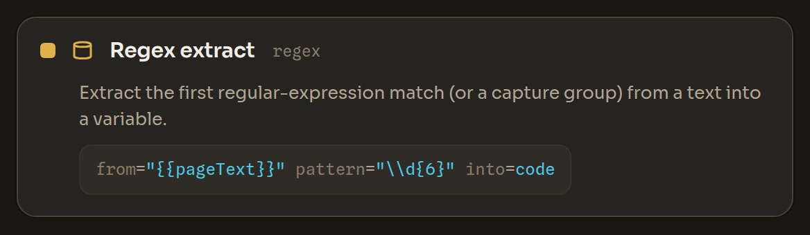 The Regex extract block in the Workflow Editor