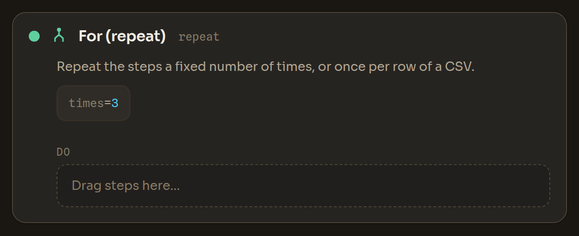 The For (repeat) block in the Workflow Editor