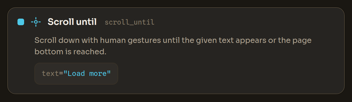 The Scroll until block in the Workflow Editor
