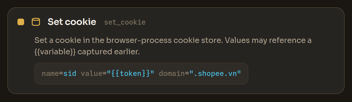 The Set cookie block in the Workflow Editor
