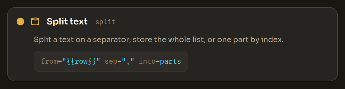 The Split text block in the Workflow Editor