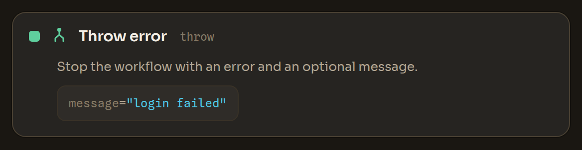 The Throw error block in the Workflow Editor