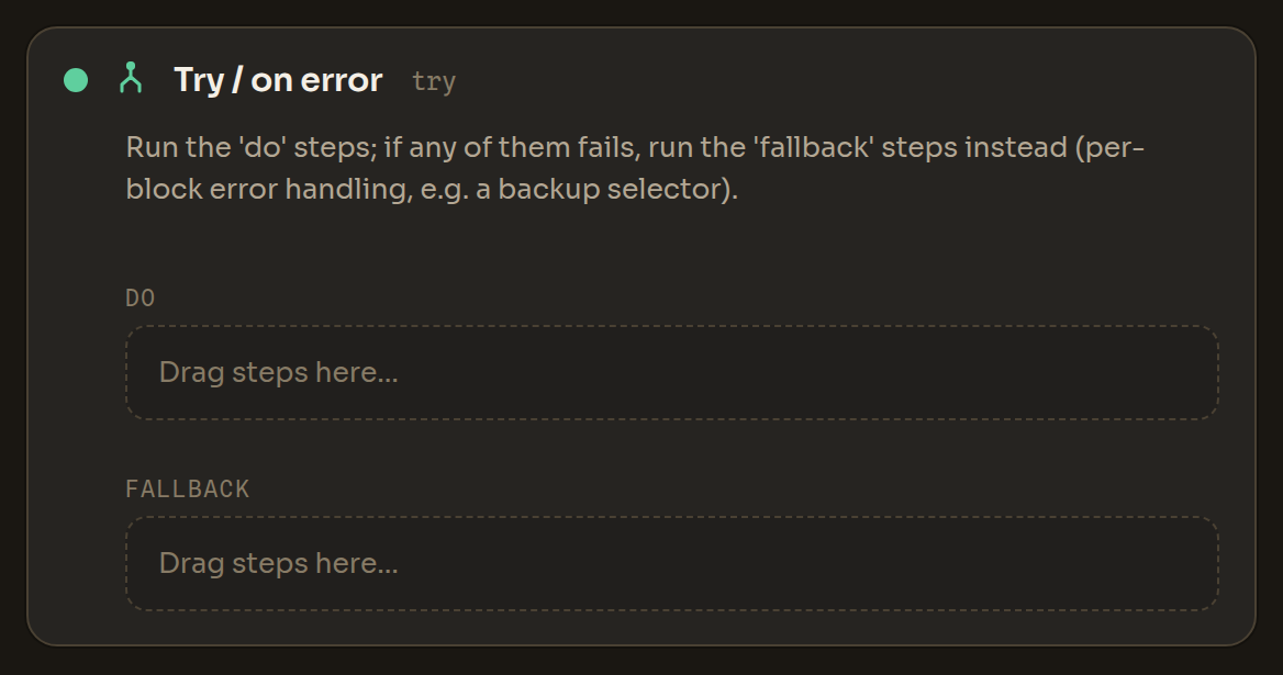 The Try / on error block in the Workflow Editor