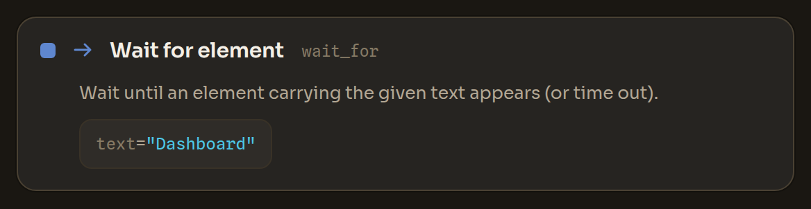 The Wait for element block in the Workflow Editor